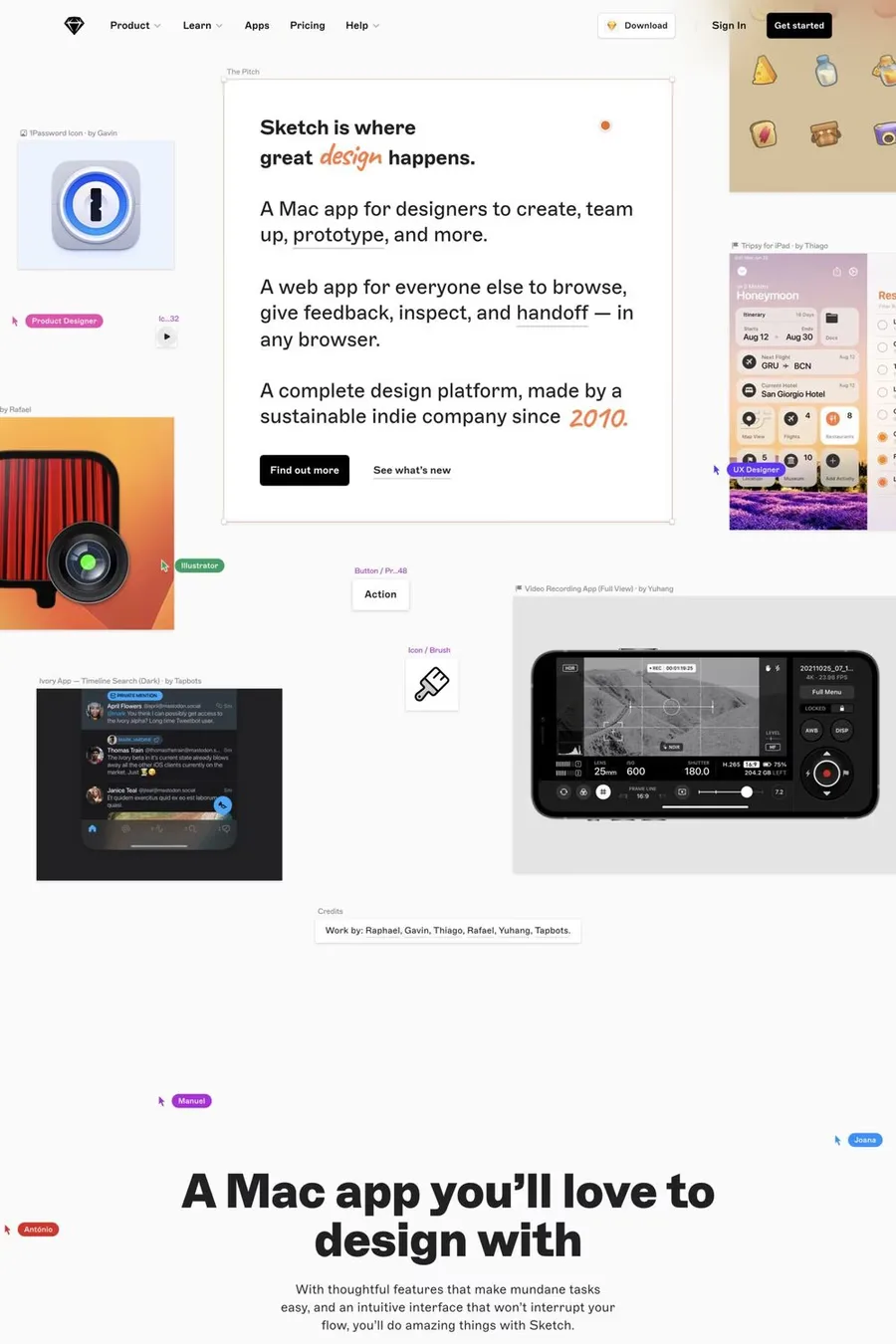 Sketch — screenshot of a hand-drawn design landing page in grey and white