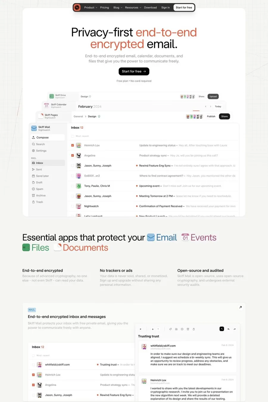 Skiff — screenshot of a clean software landing page in white and grey