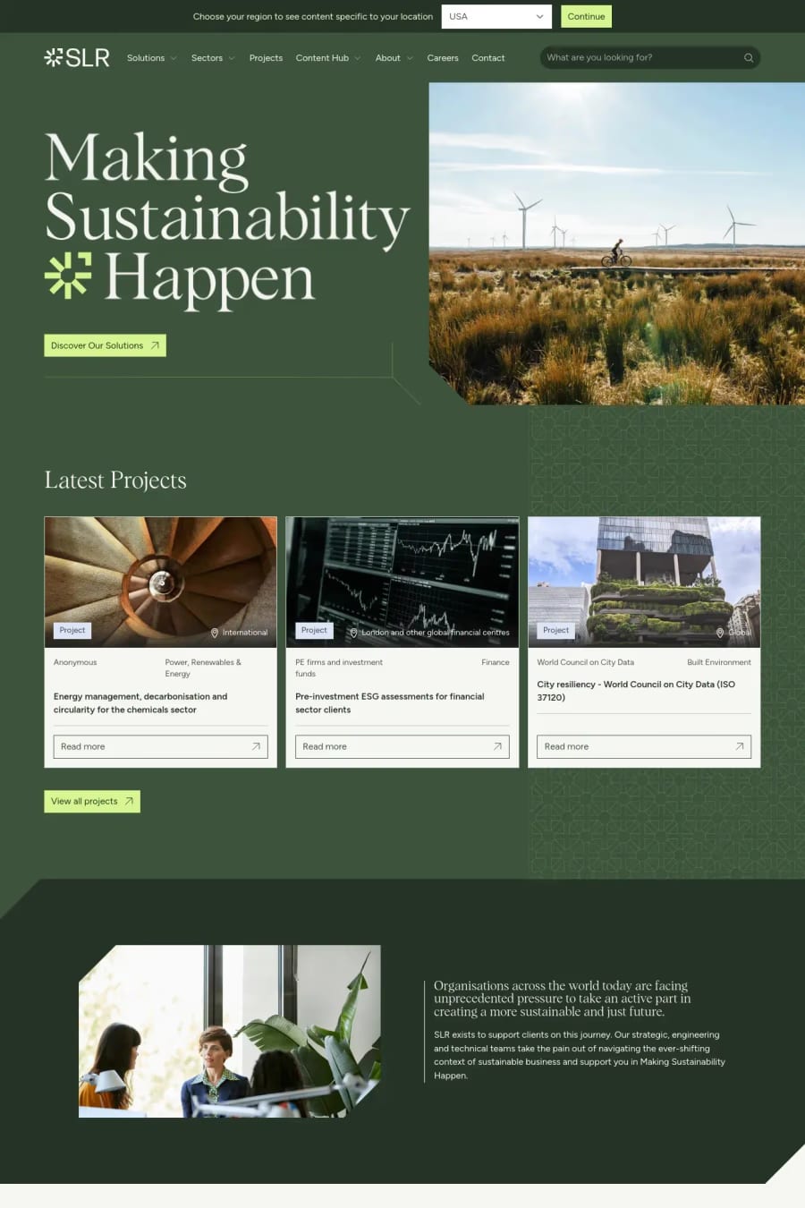 SLR Consulting — screenshot of an energy landing page in dark green and light green, with sans-serif type and inline icons