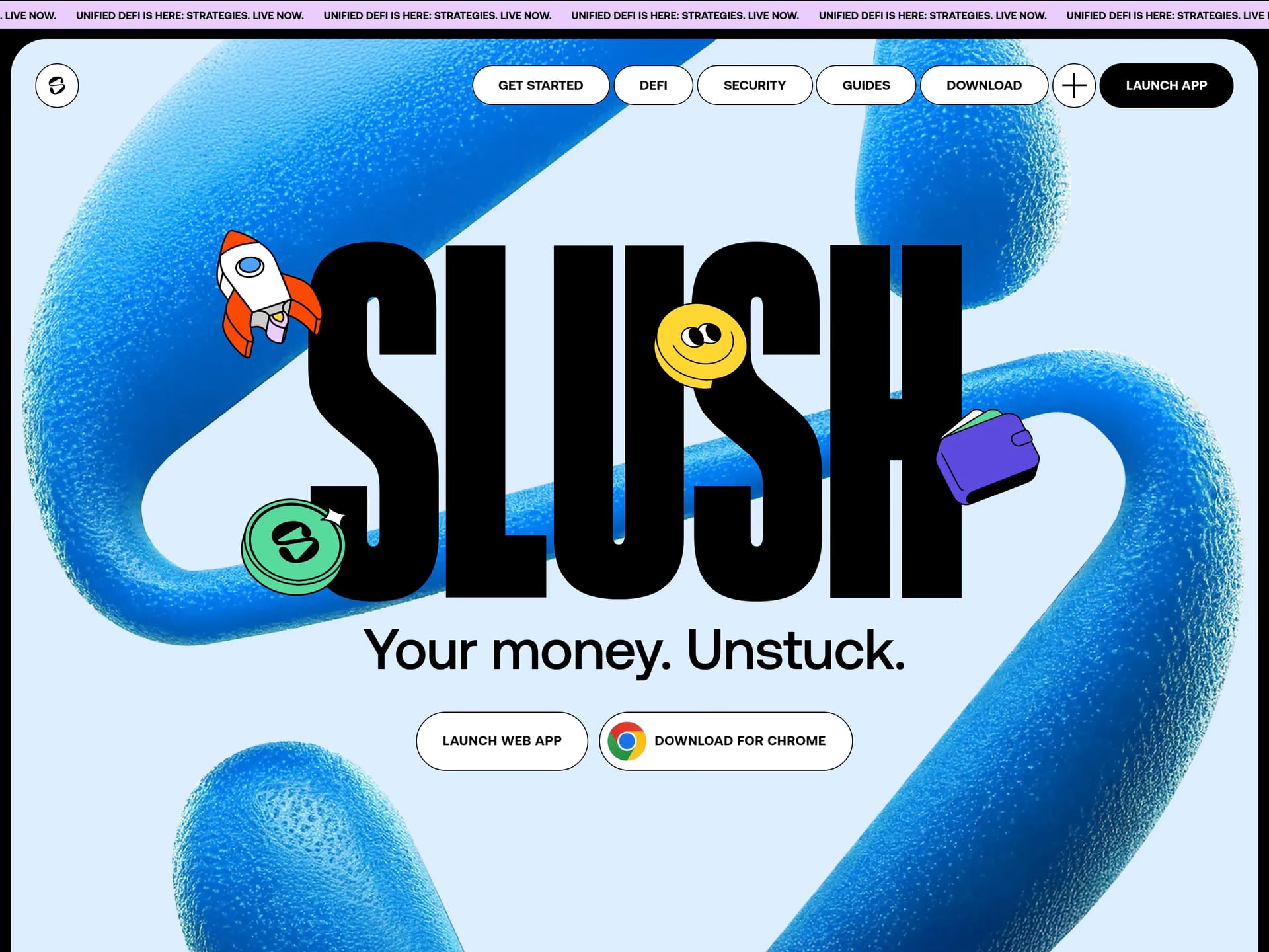 Slush — screenshot of a light, techy Web3 and crypto landing page in blue and light blue