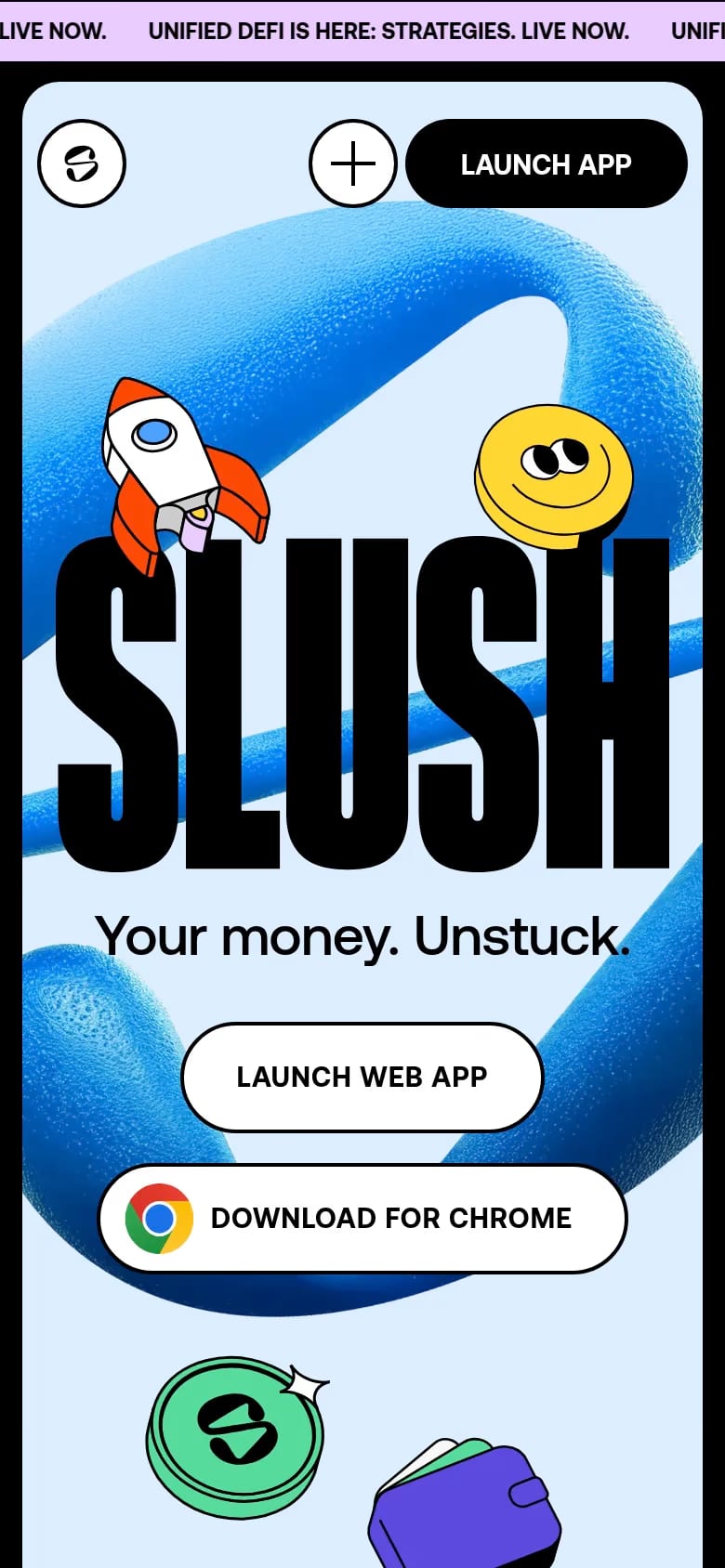 Slush — mobile screenshot of a light, techy Web3 and crypto landing page in blue and light blue