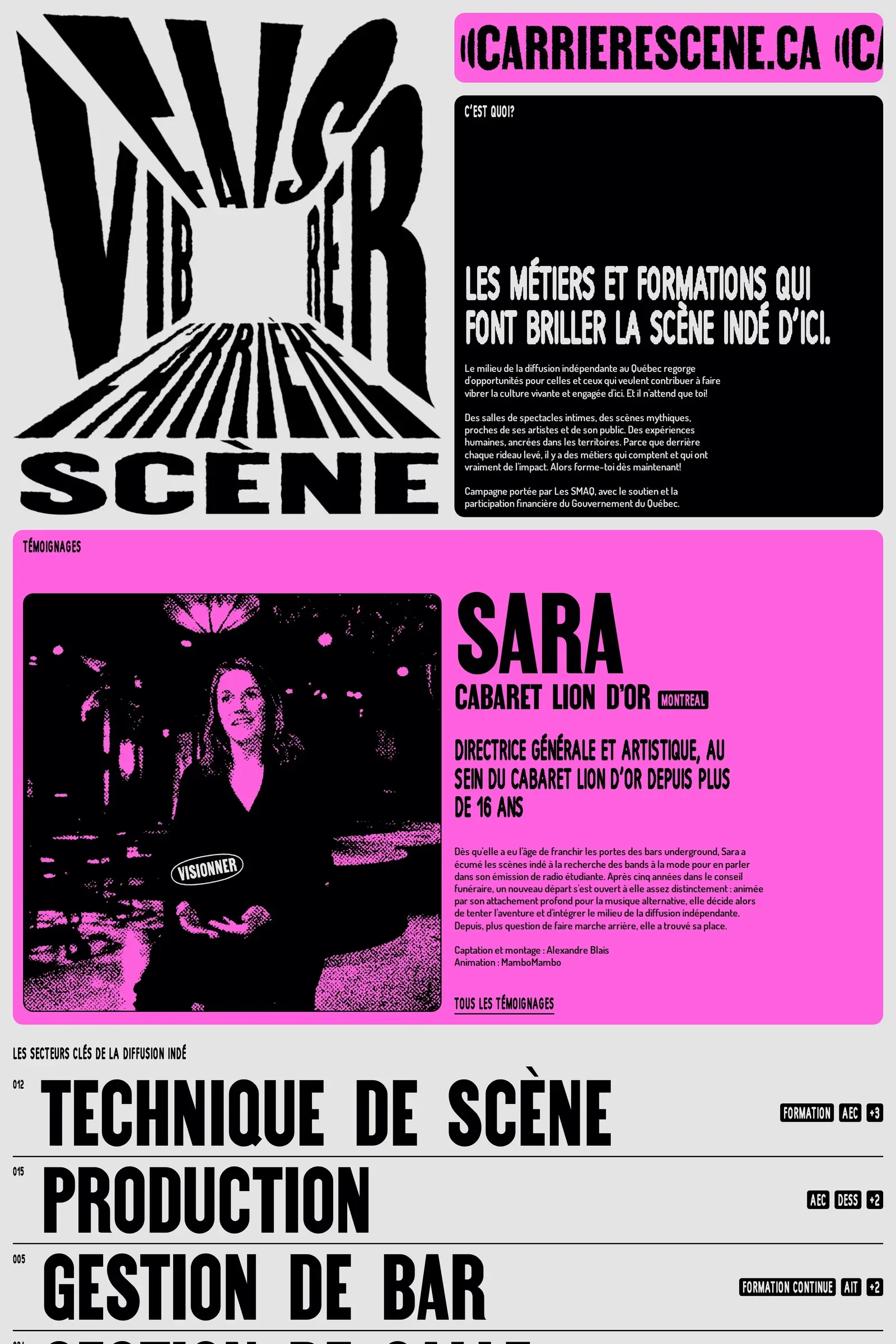 SMAQ — screenshot of a typographic music directory site in white and pink