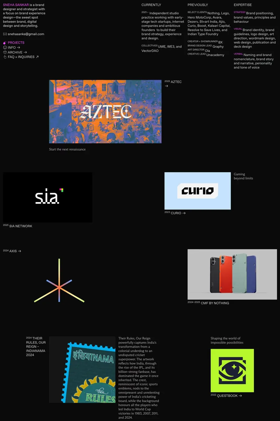 Sneha Sankar — screenshot of a minimal, clean design portfolio site in black