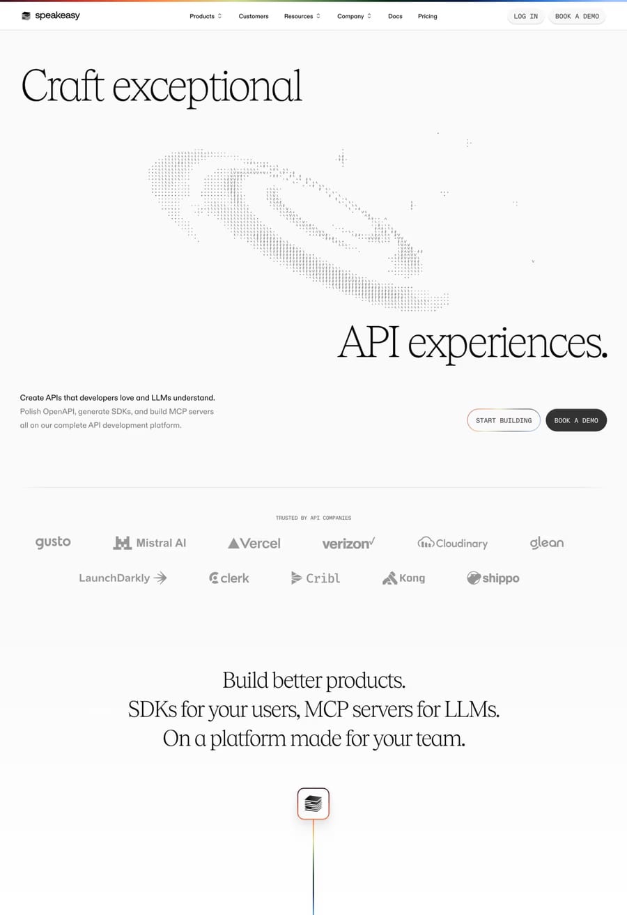 Speakeasy — screenshot of a light, dark development landing page in black and white