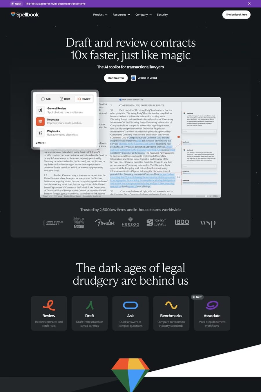 Spellbook — screenshot of a colourful, dark legal landing page in black and purple