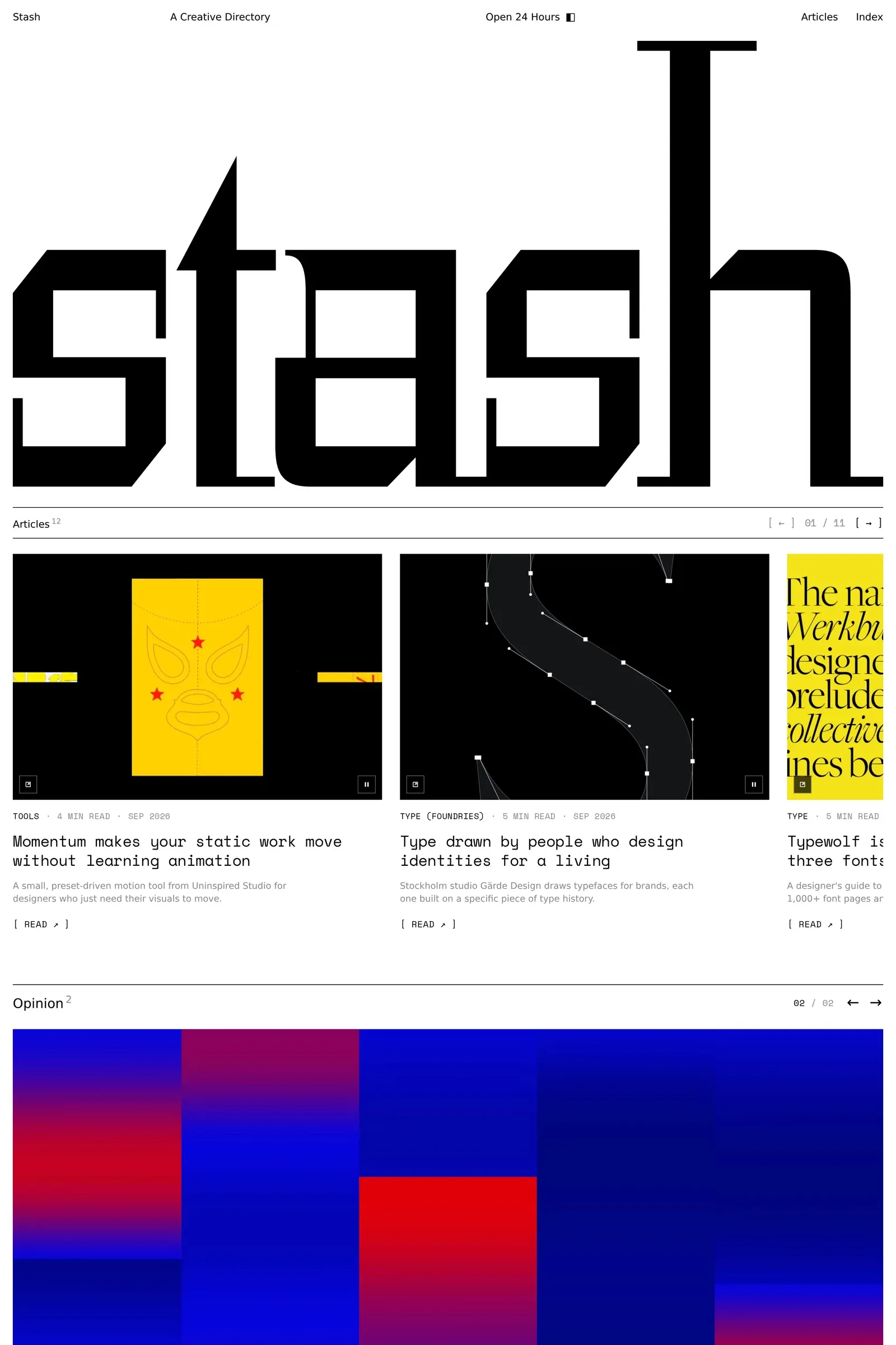 Stash — screenshot of a black-and-white design directory site in white