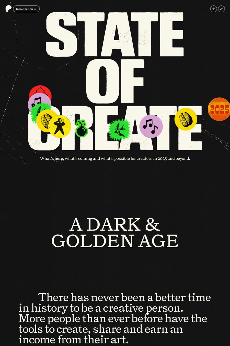 State of Create — screenshot of a grunge, dark social landing page in black and blue