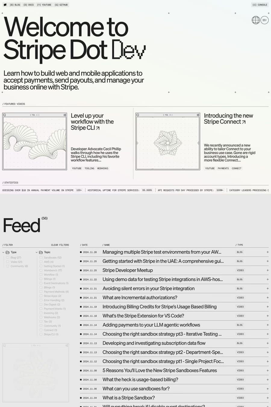 Stripe Dev — screenshot of a minimal development landing page in light grey and purple