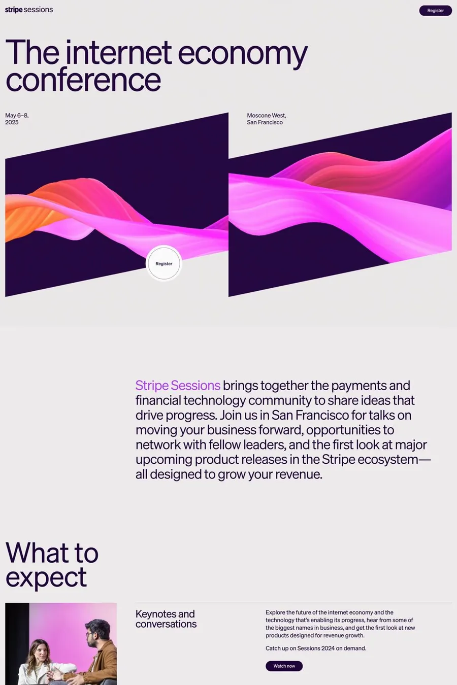 Stripe Sessions — screenshot of an events landing page in white and dark purple, with gradients