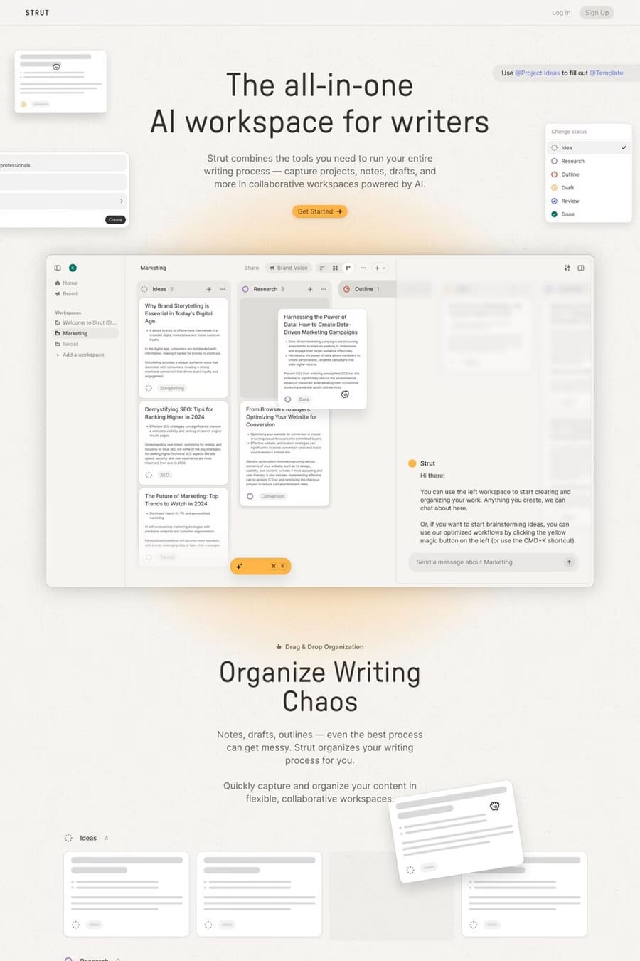 Strut — screenshot of a writing landing page in orange and beige, with texture
