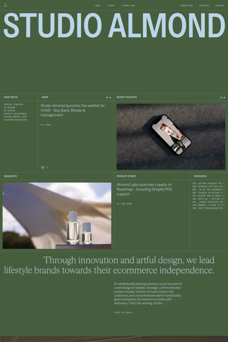 Studio Almond — screenshot of a design agency site in dark green and light blue, with outlined shapes and sans-serif type