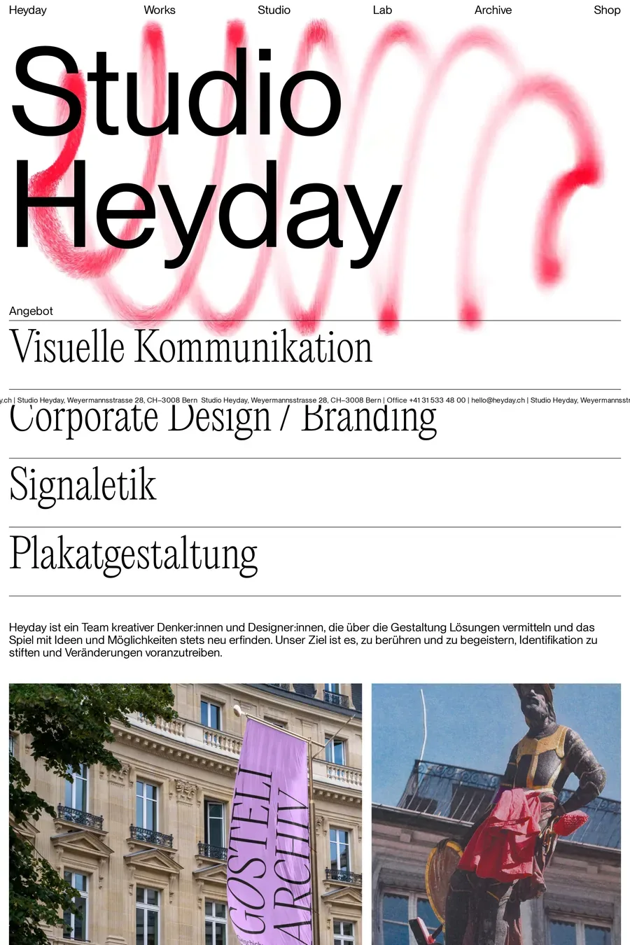 Studio Heyday — screenshot of a typographic, minimal design agency site in white and dark green