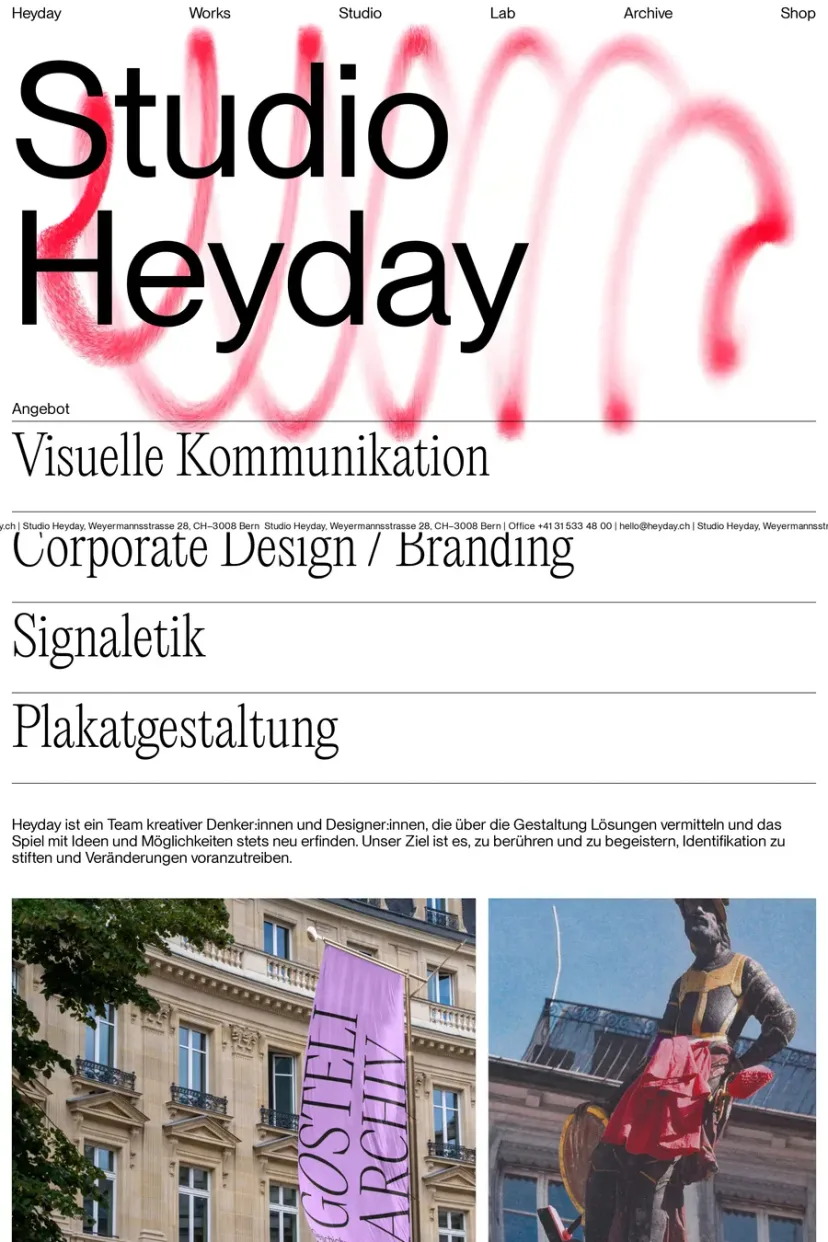 Studio Heyday — screenshot of a typographic, minimal design agency site in white and dark green