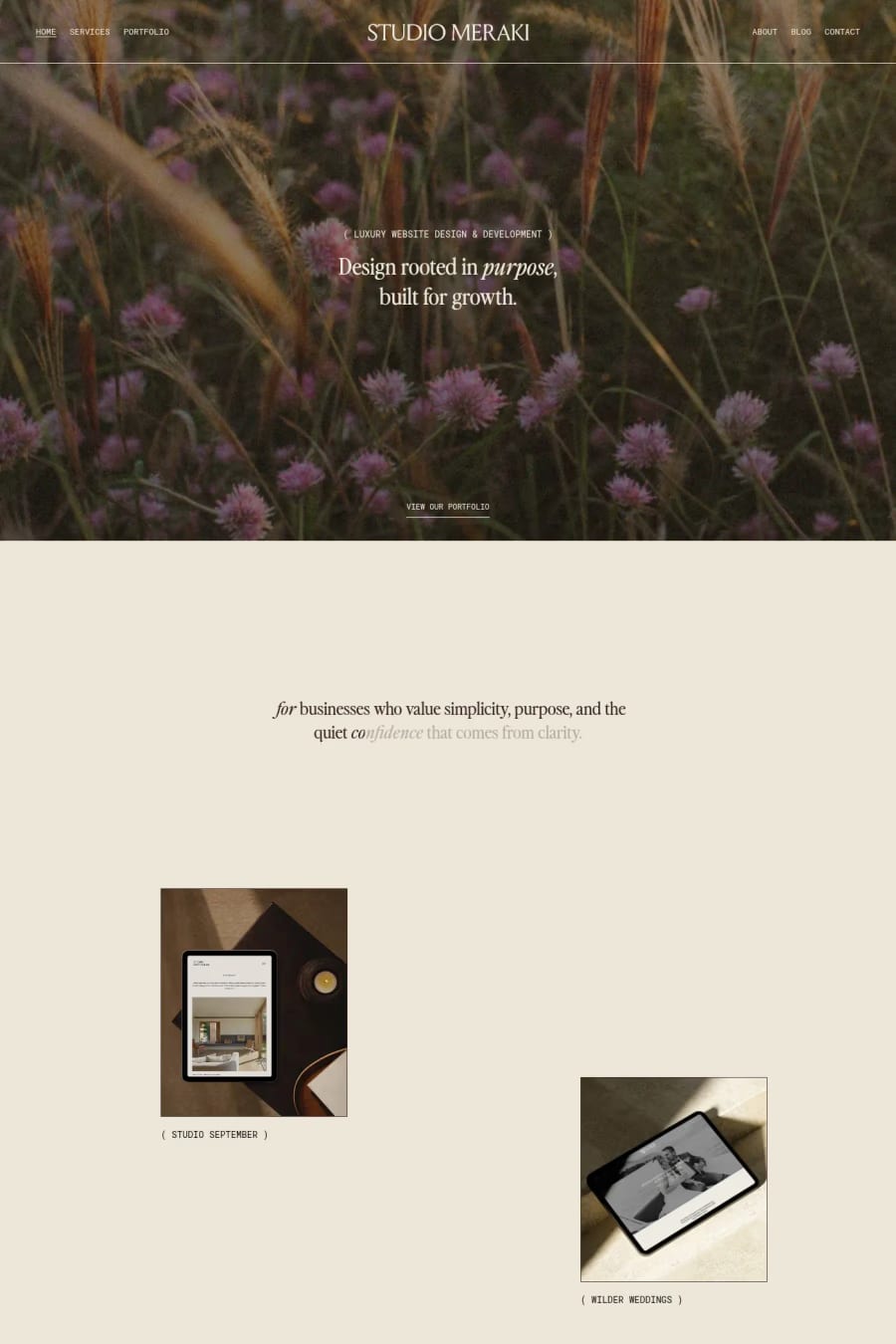 Studio Meraki — screenshot of an elegant design agency site in beige and light red