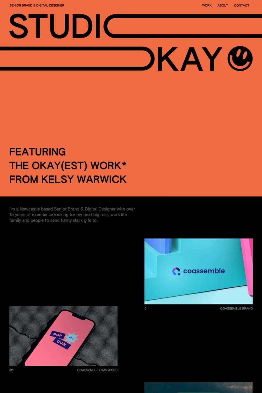 Studiokay — screenshot of a minimal, clean design portfolio site in orange and black
