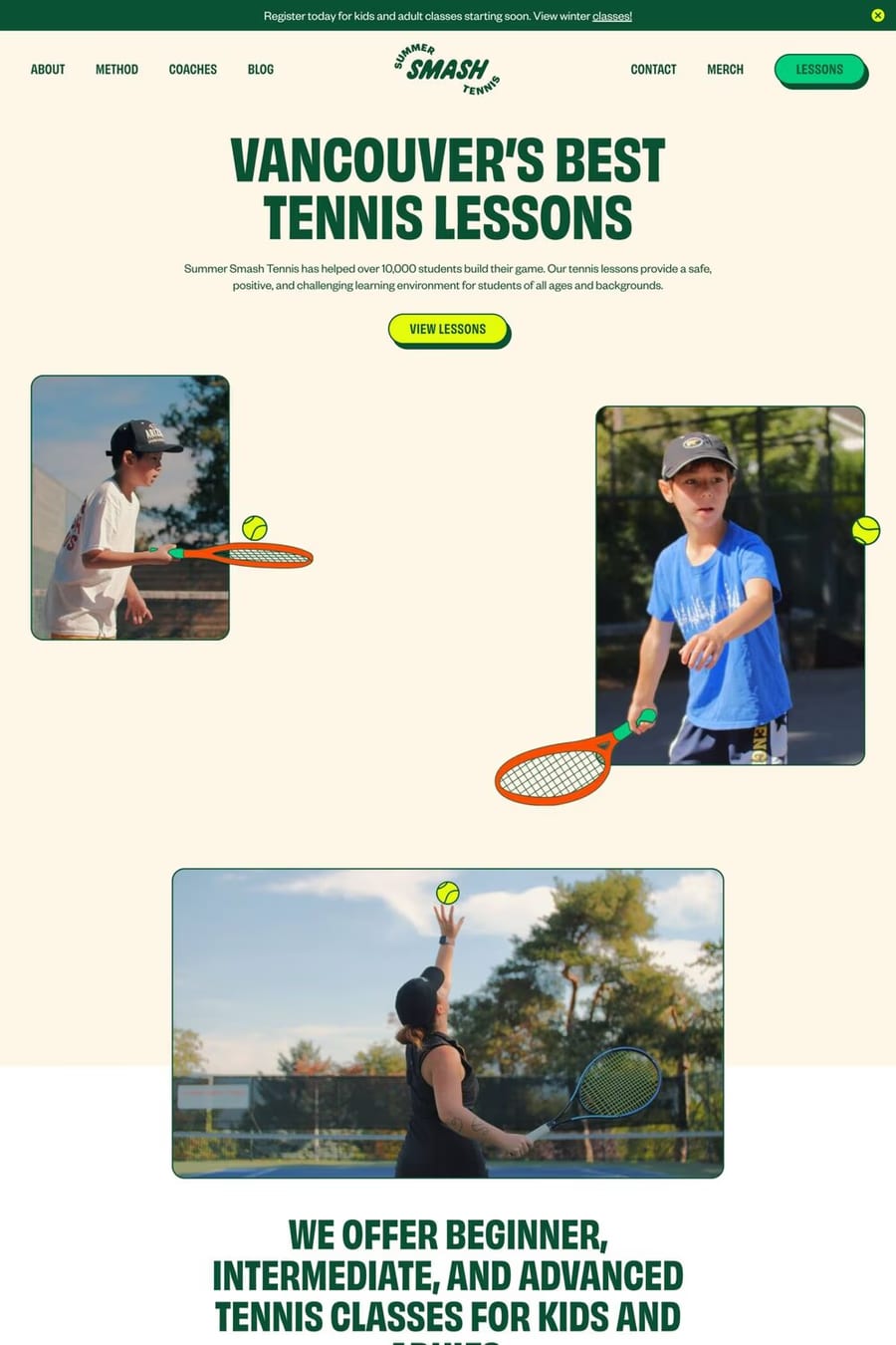 Summer Smash Tennis — screenshot of a fun, colourful sports landing page in green and light green