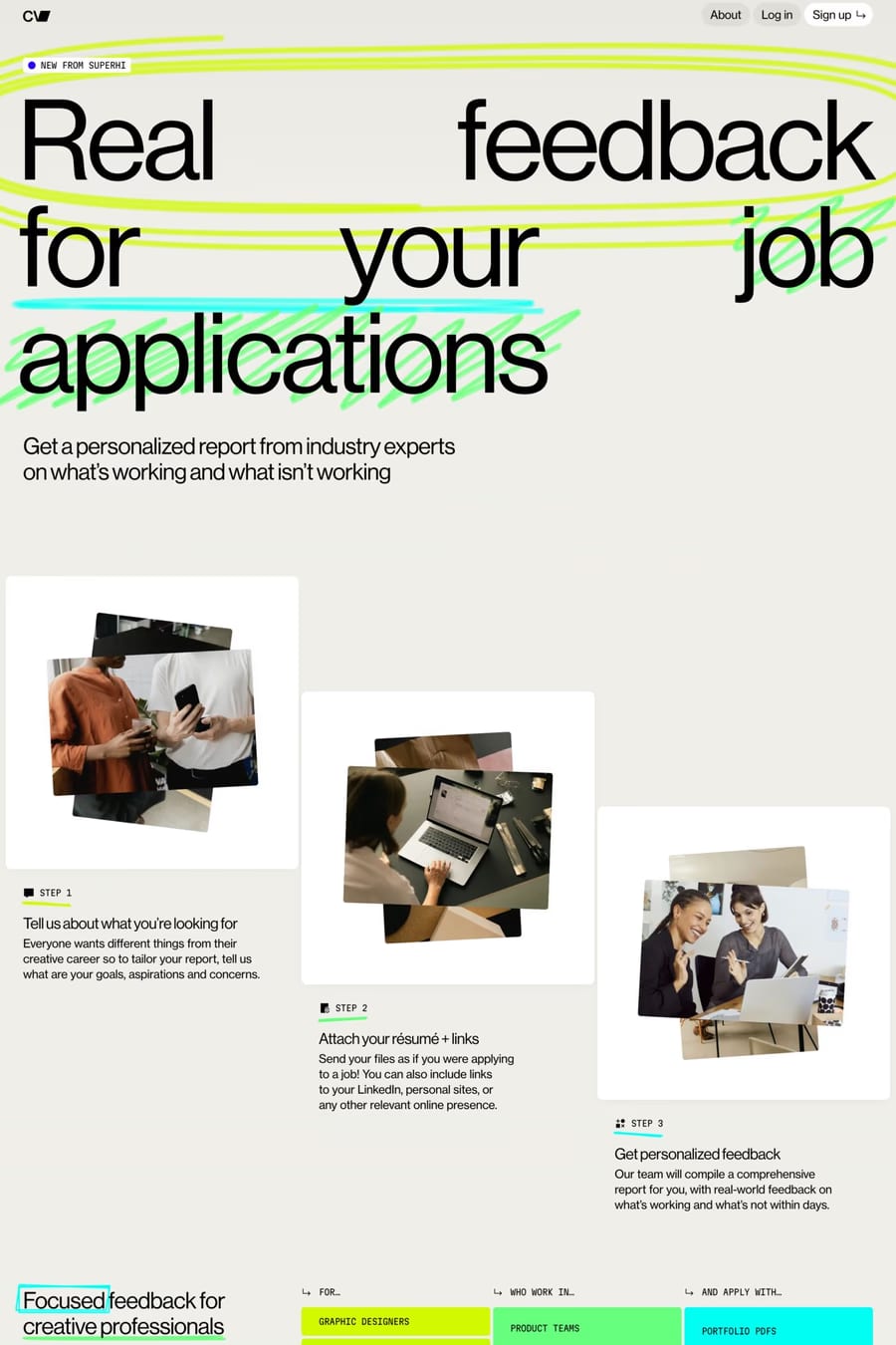 SuperHi.cv — screenshot of a hand-drawn, neon business landing page in light grey and white