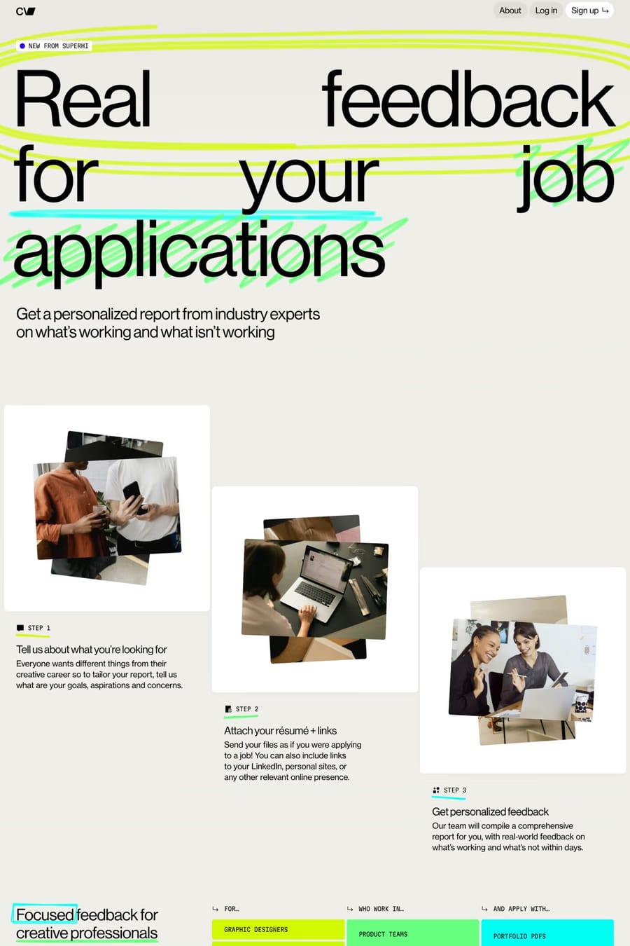 SuperHi.cv — screenshot of a hand-drawn, neon business landing page in light grey and white