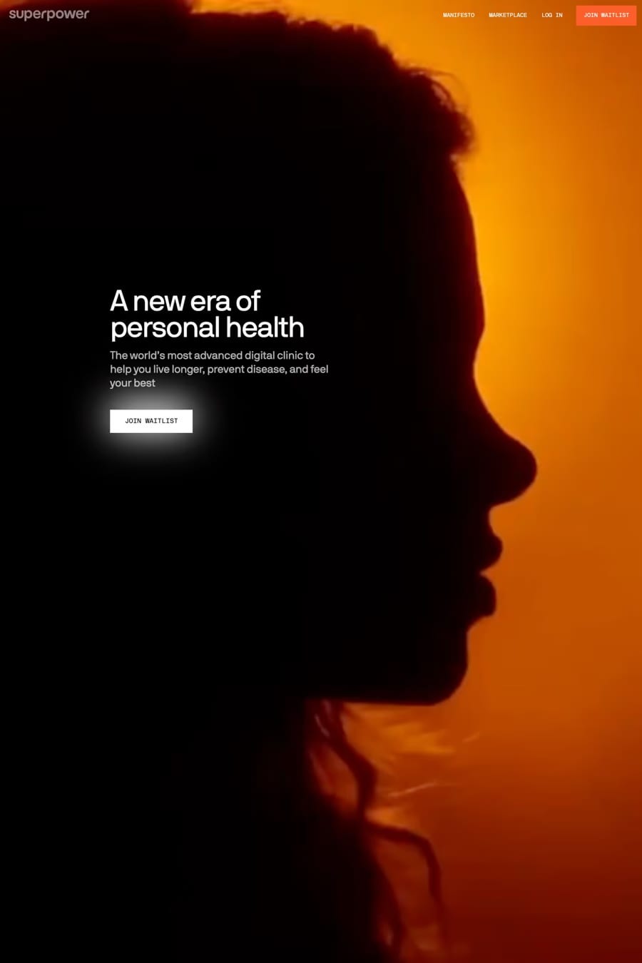 Superpower — screenshot of a detailed health landing page in white and orange