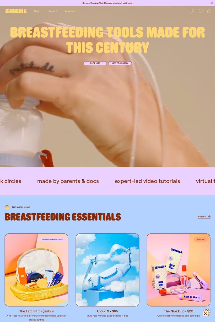 Swehl — screenshot of a pastel health online shop in light purple and yellow