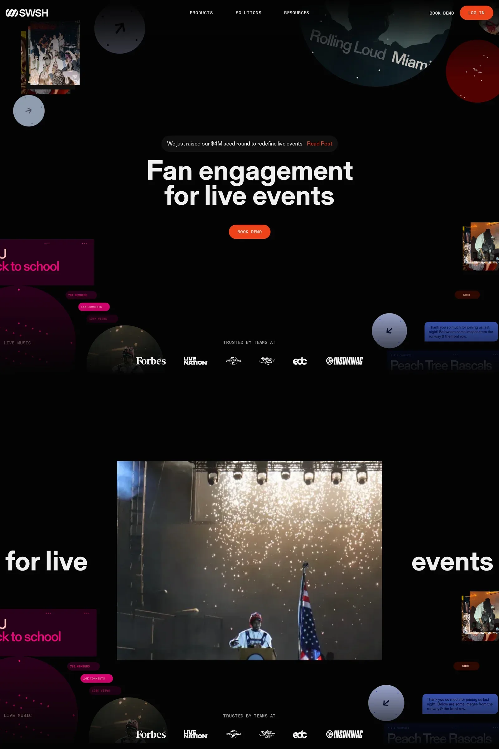 SWSH — screenshot of a dark events landing page in black and dark orange