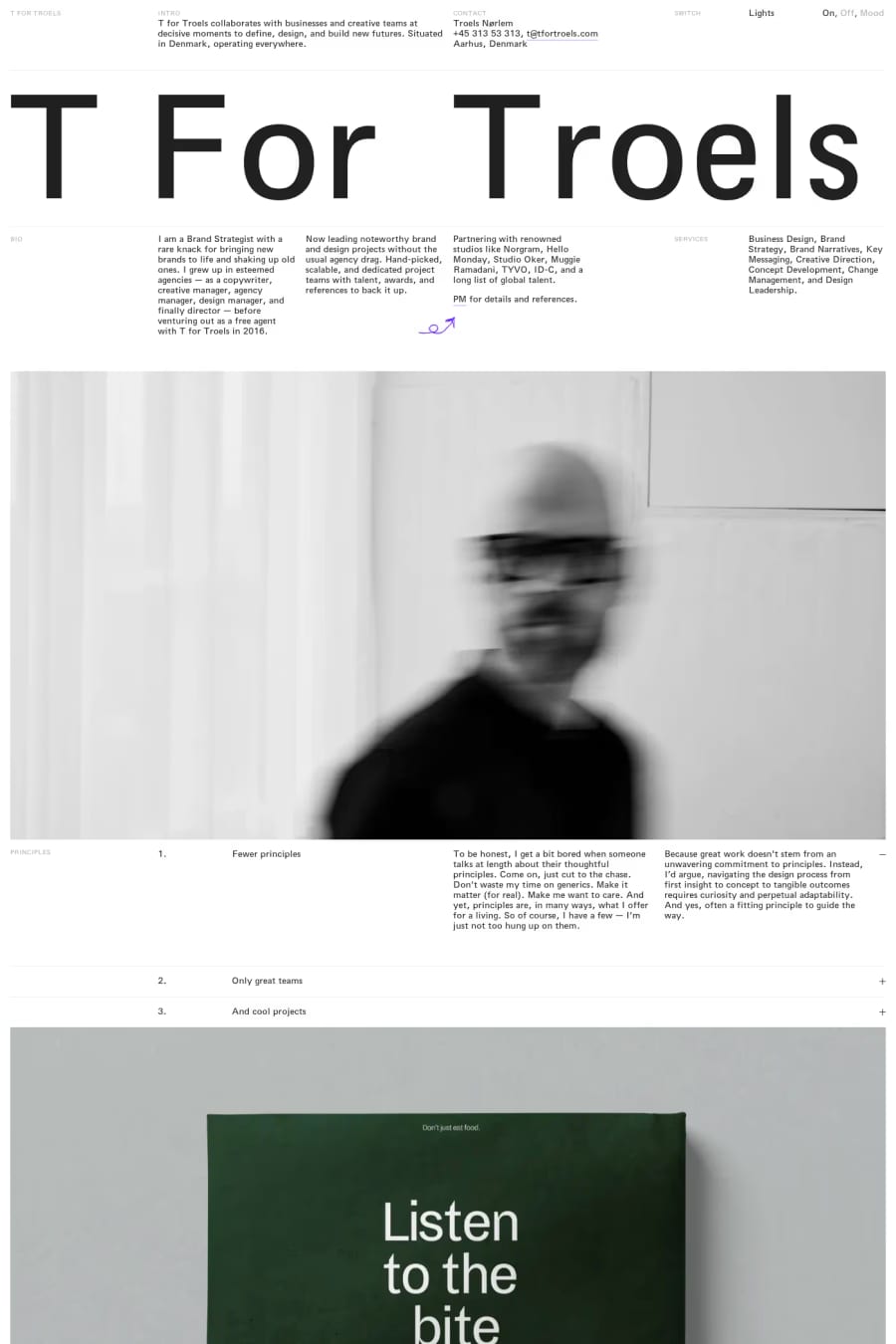 T for Troels — screenshot of a minimal, typographic design portfolio site in white and red