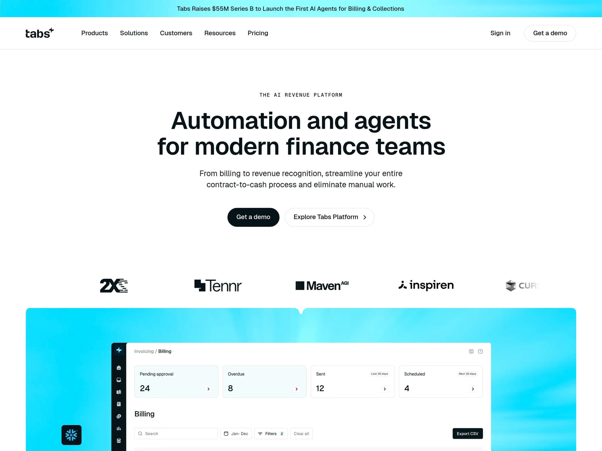 Tabs — screenshot of a clean, techy AI landing page in white and light blue