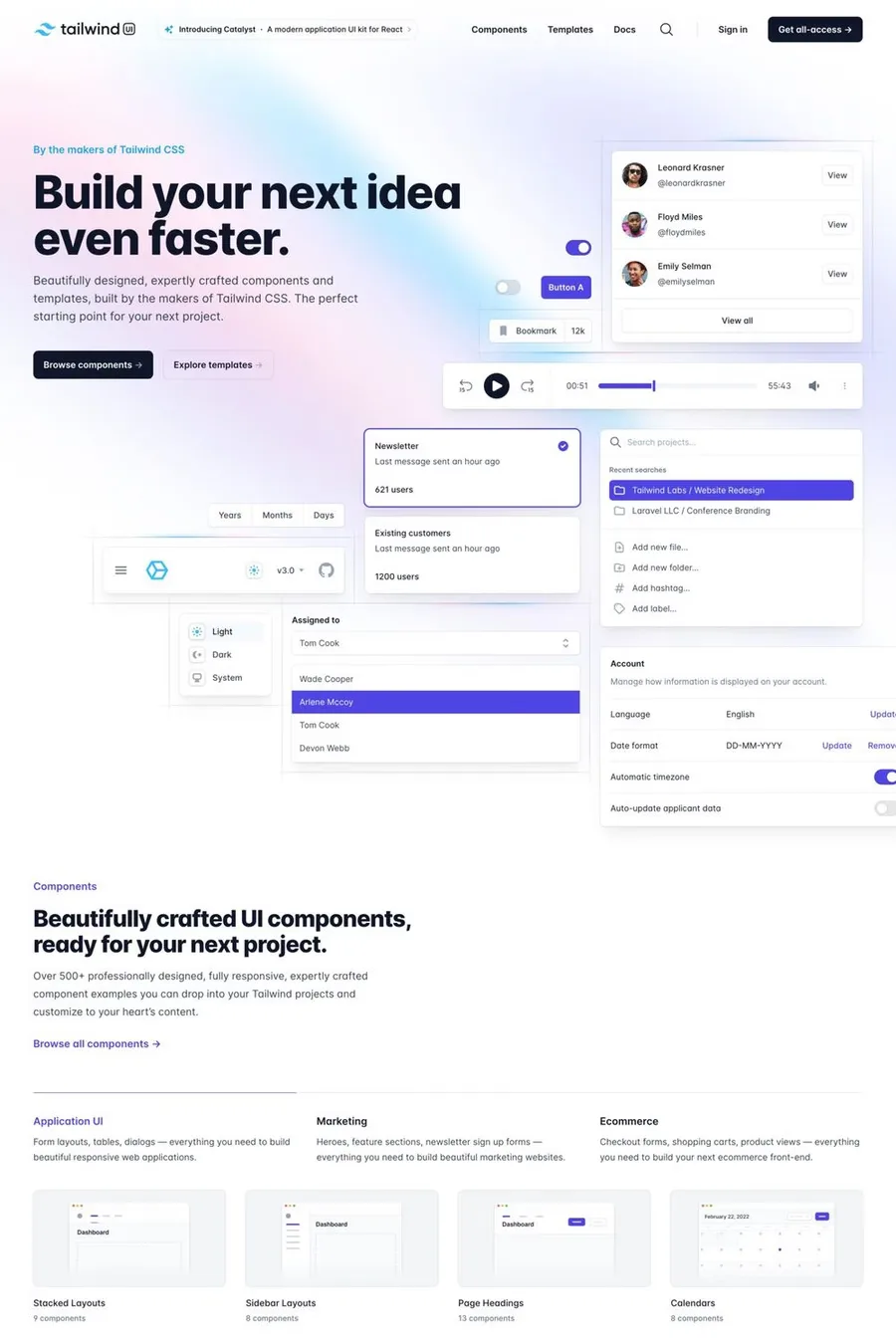 Tailwind UI — screenshot of a multi-coloured, detailed development landing page in white and grey