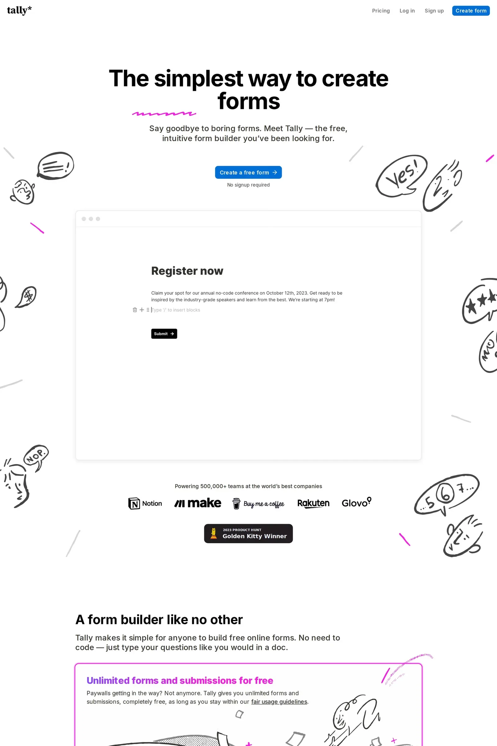 Tally — screenshot of a minimal, light software landing page in white and pink