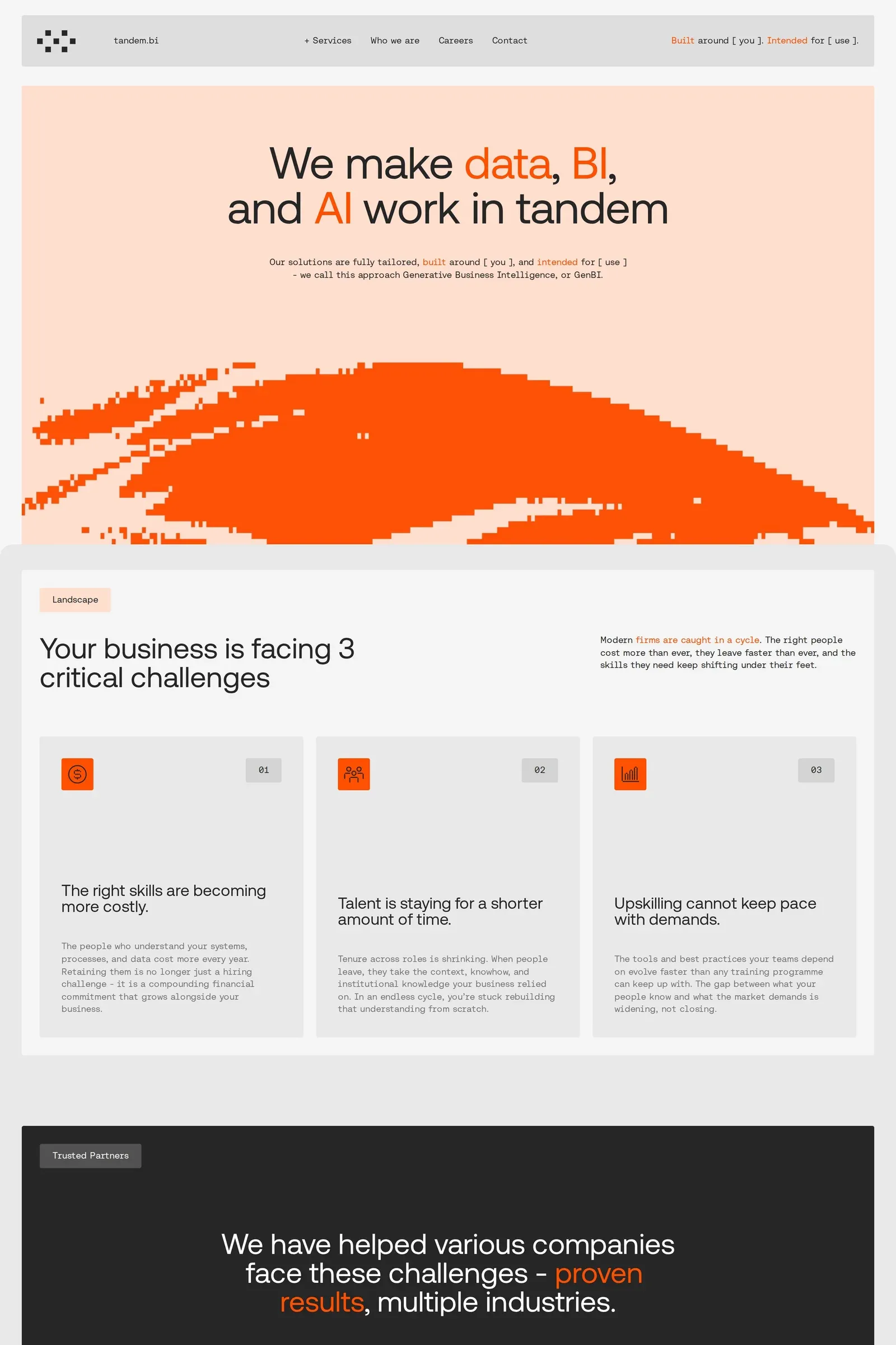 Tandem.bi — screenshot of a pixelated business landing page in light grey and grey