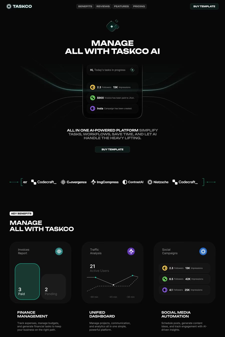 Taskco — screenshot of a dark AI landing page template in black and green