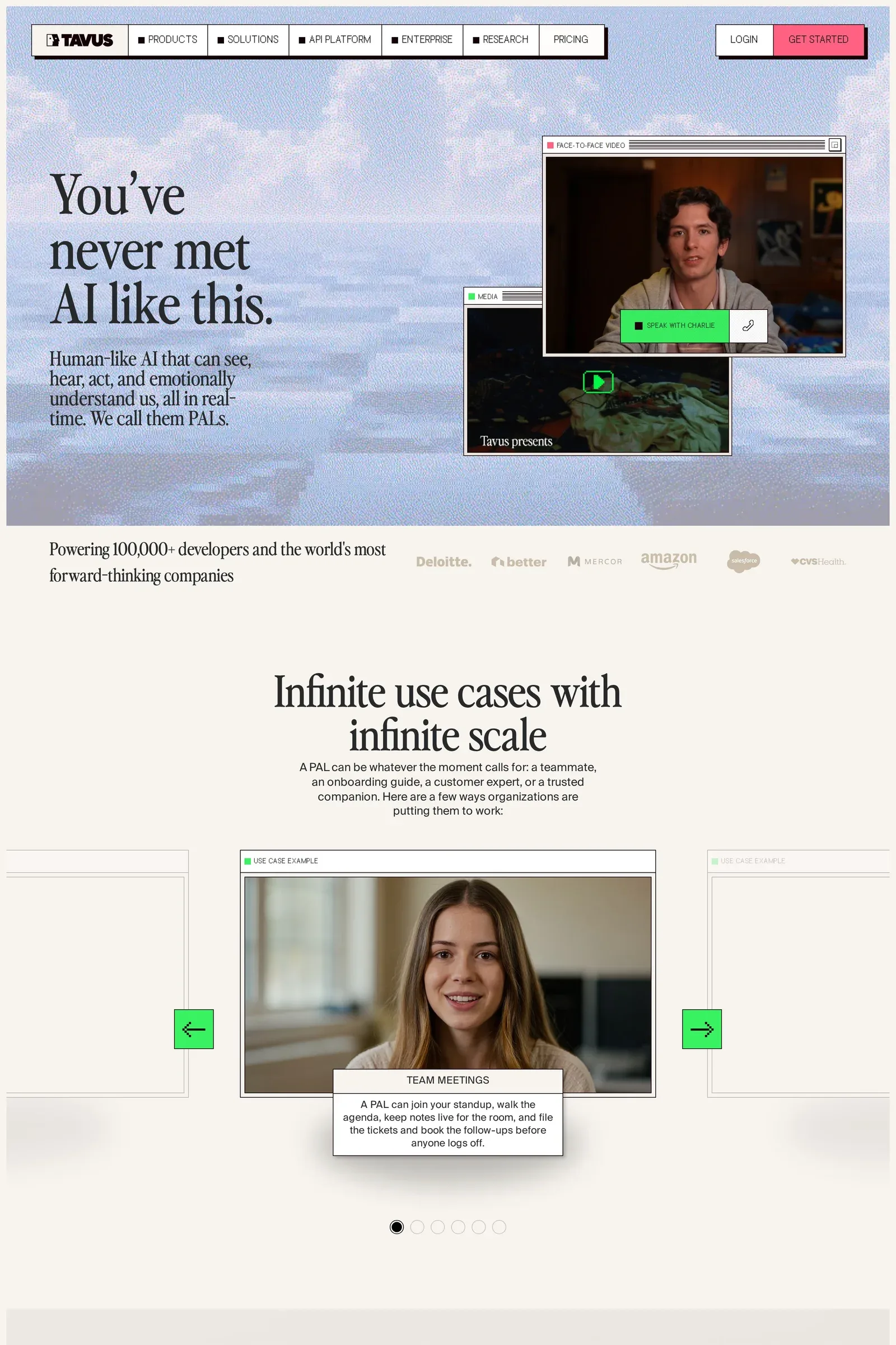Tavus — screenshot of a pastel, 3D AI landing page in beige and pink