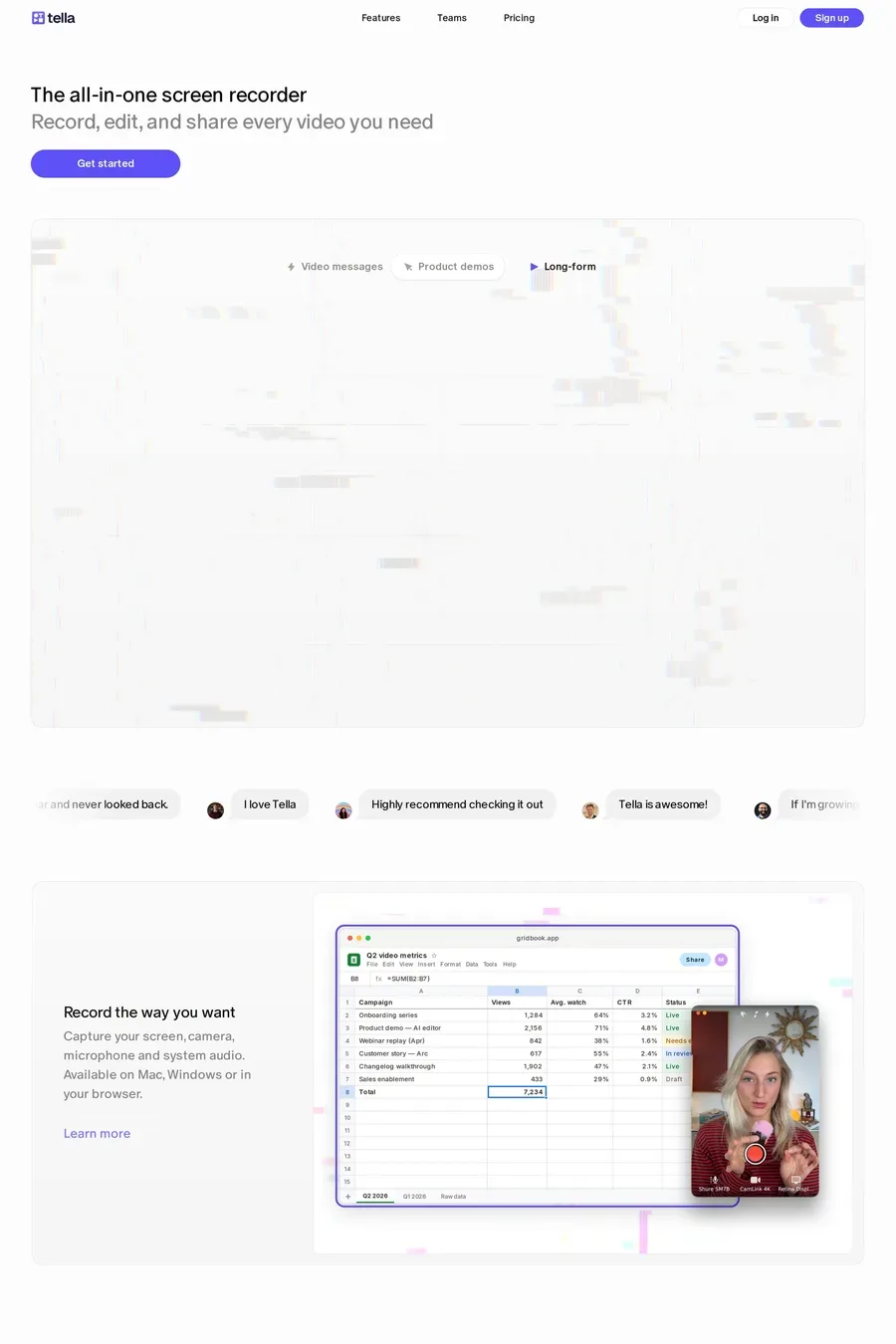 Tella — screenshot of a light, bright video landing page in purple and grey