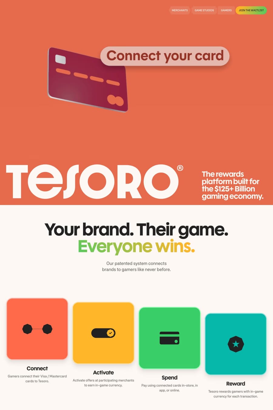 Tesoro — screenshot of a light, clean software landing page in light grey and red