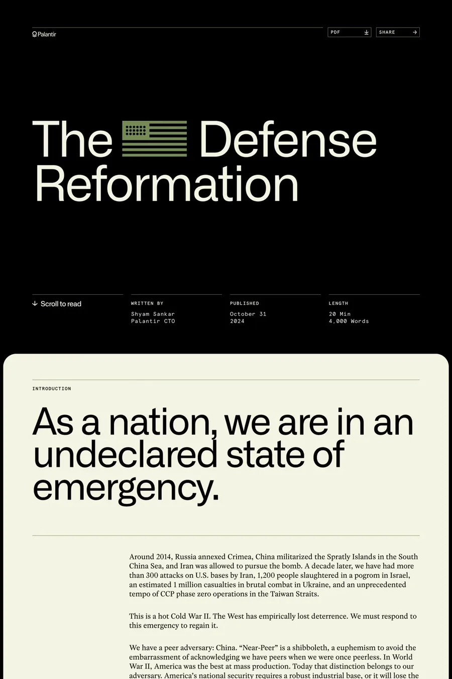 The Defense Reformation — screenshot of a typographic one-page site in black and cream