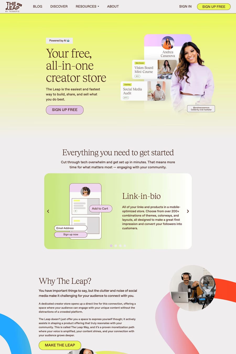 The Leap — screenshot of a business landing page in yellow and light blue, with gradients and serif type