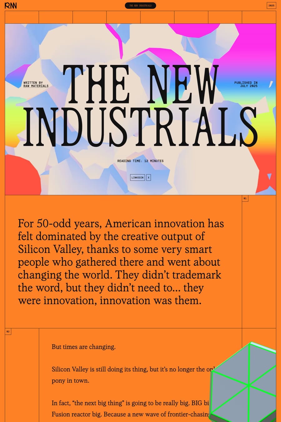 The New Industrials — screenshot of an editorial, typographic design one-page site in orange and blue