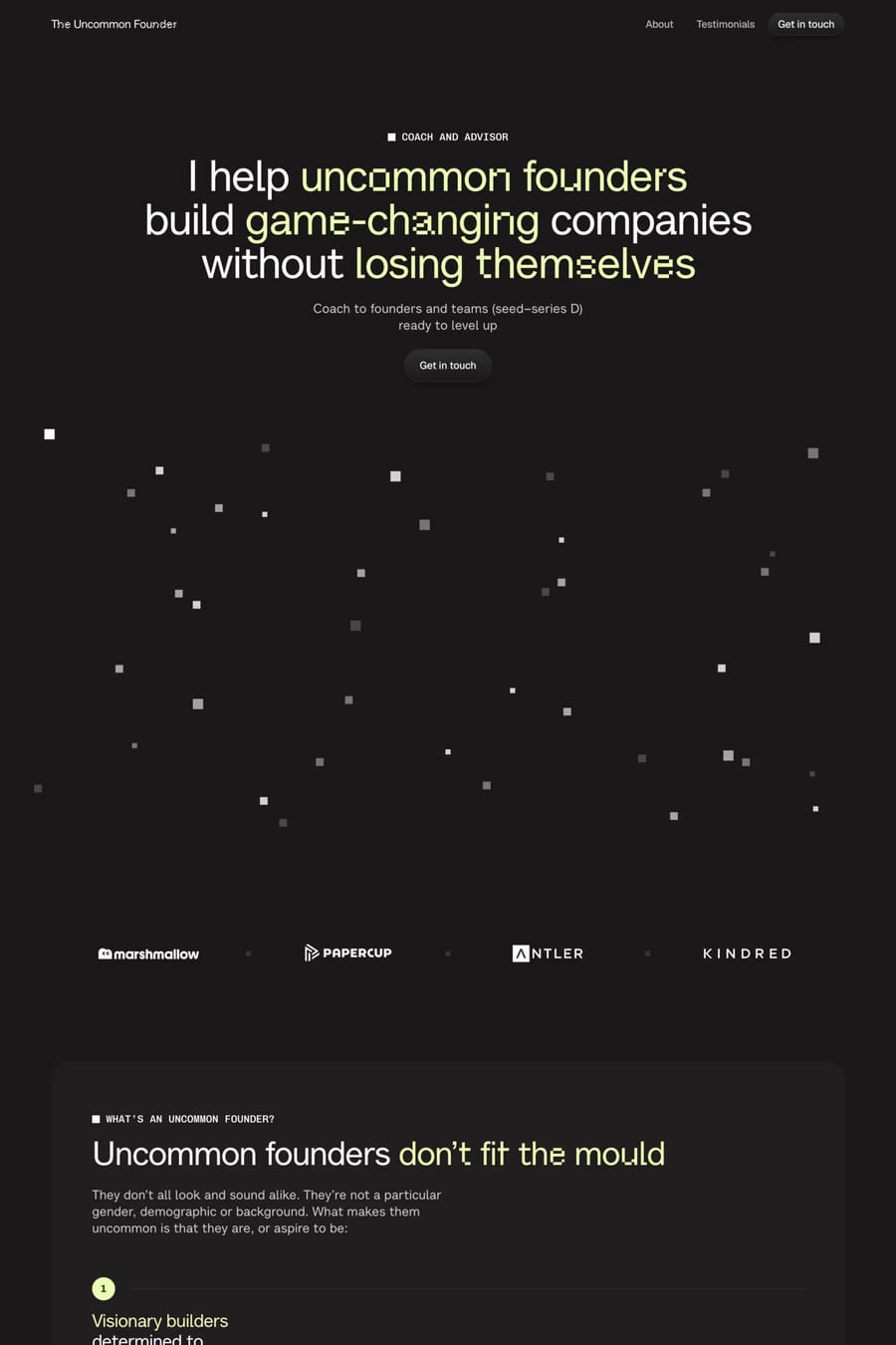 The Uncommon Founder — screenshot of a dark, pixelated professional services landing page in black and dark grey