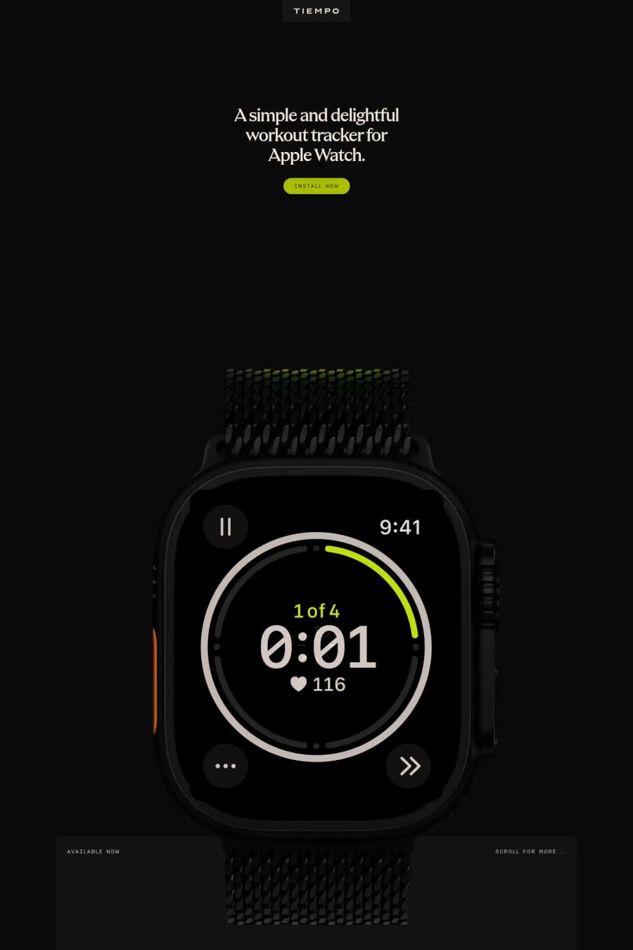 Tiempo — screenshot of a dark, neon health landing page in black and light green
