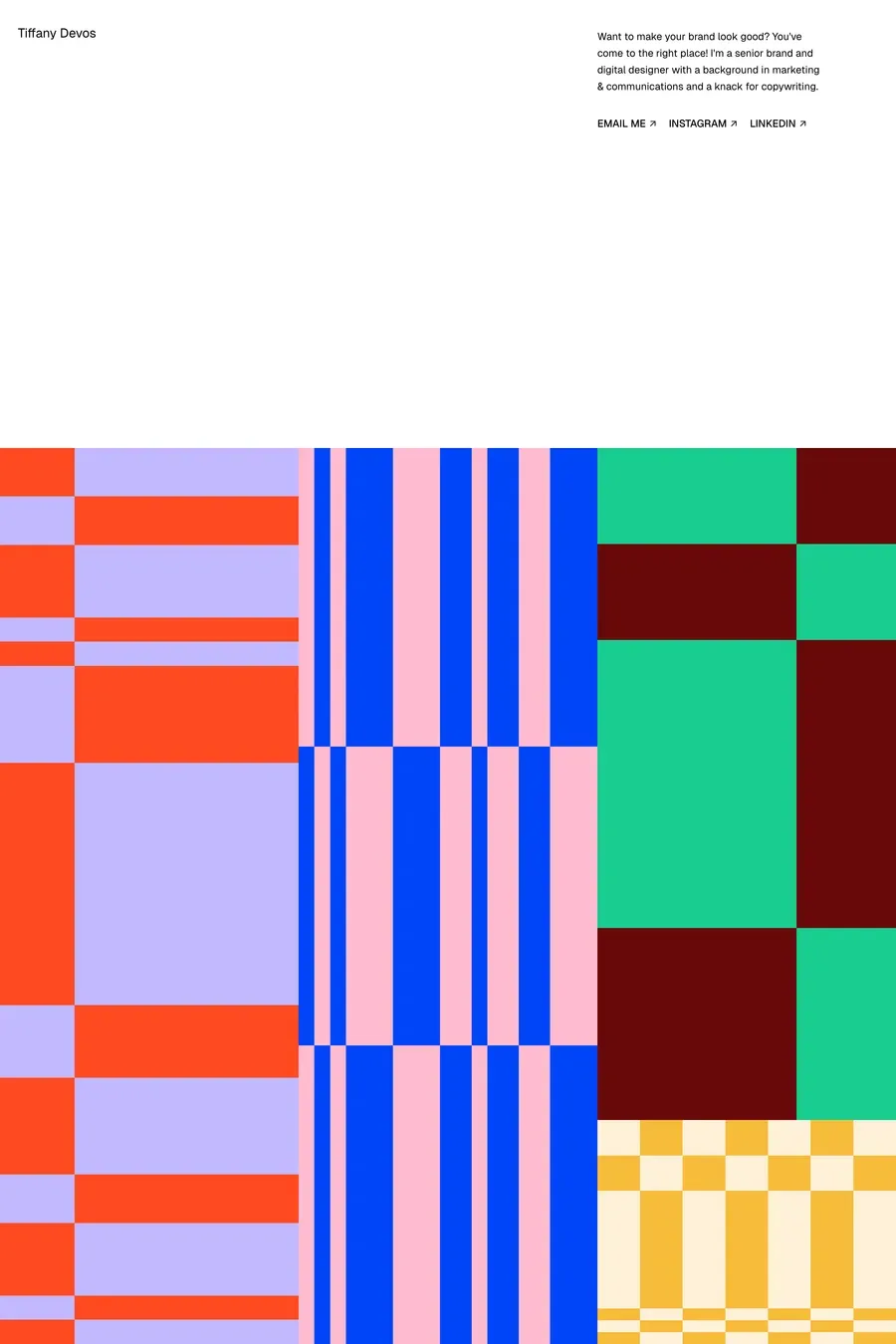 Tiffany Devos — screenshot of a multi-coloured, boxy design portfolio site in white and blue