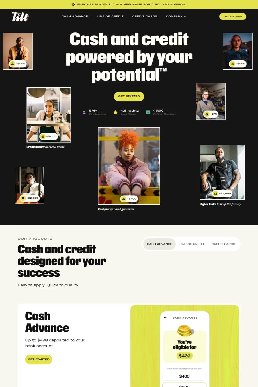 Tilt — screenshot of a painted finance landing page in black and yellow
