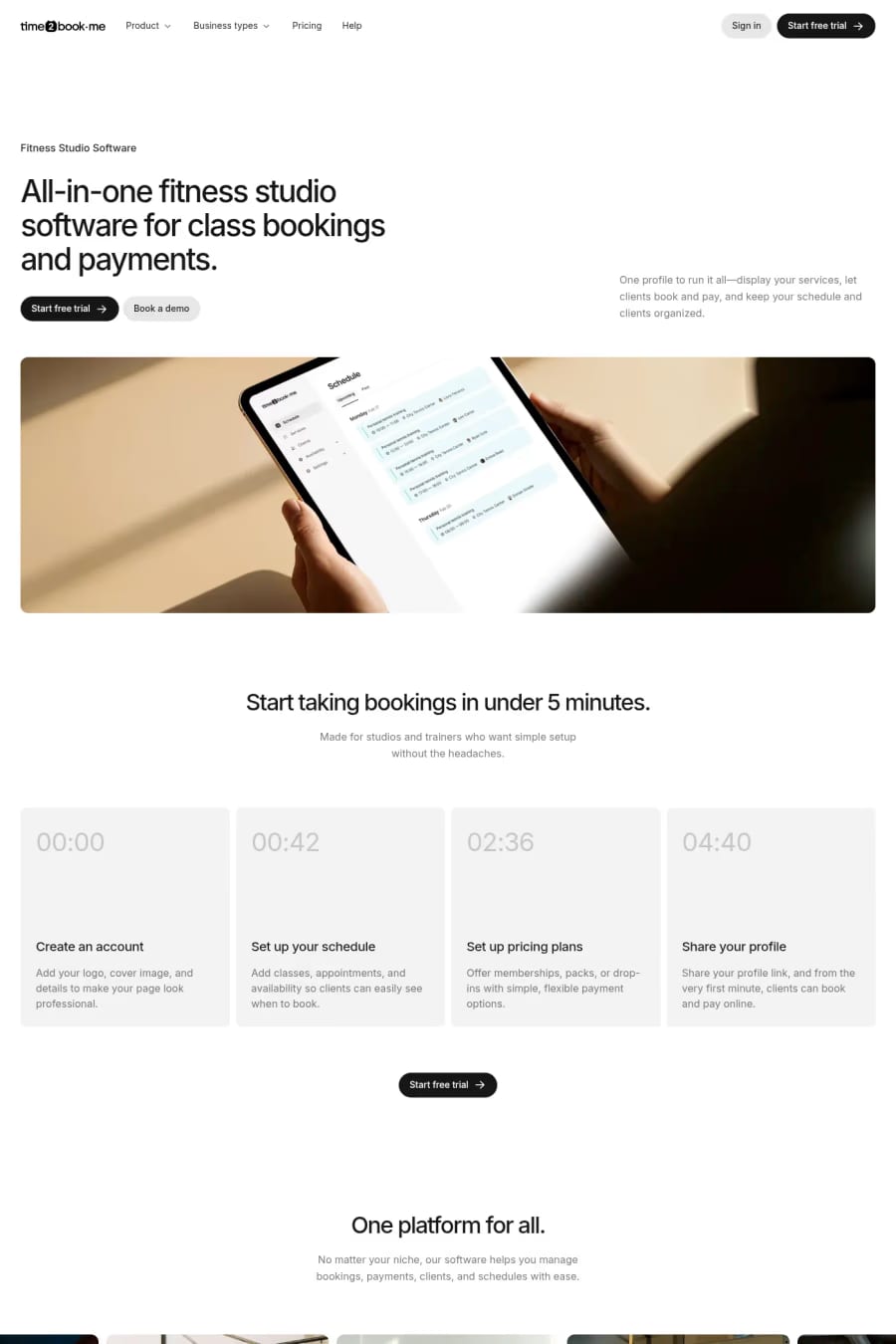 time2book·me — screenshot of a clean, minimal software landing page in white and light grey