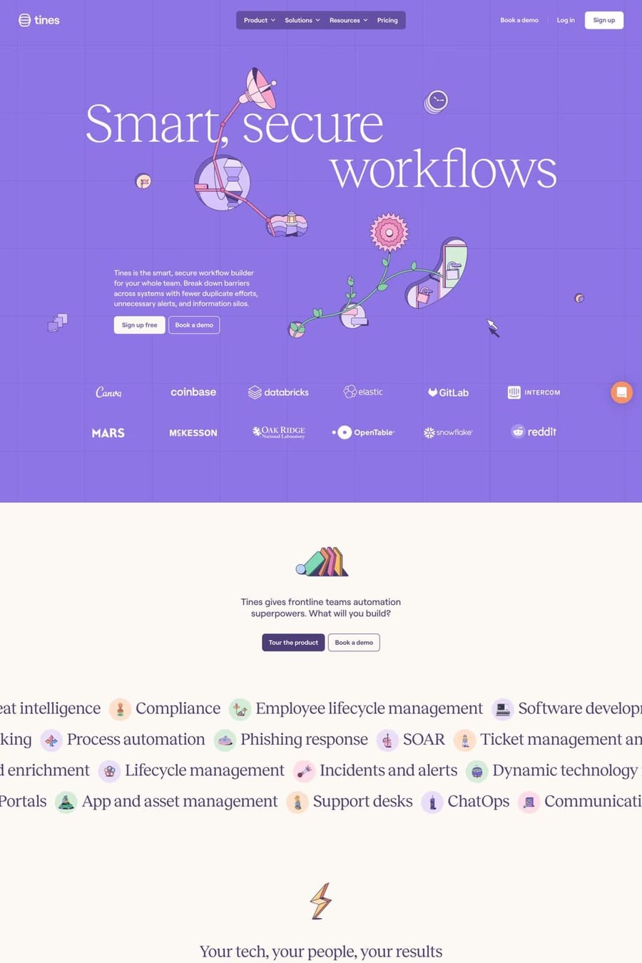 Tines — screenshot of a colourful security landing page in purple and beige