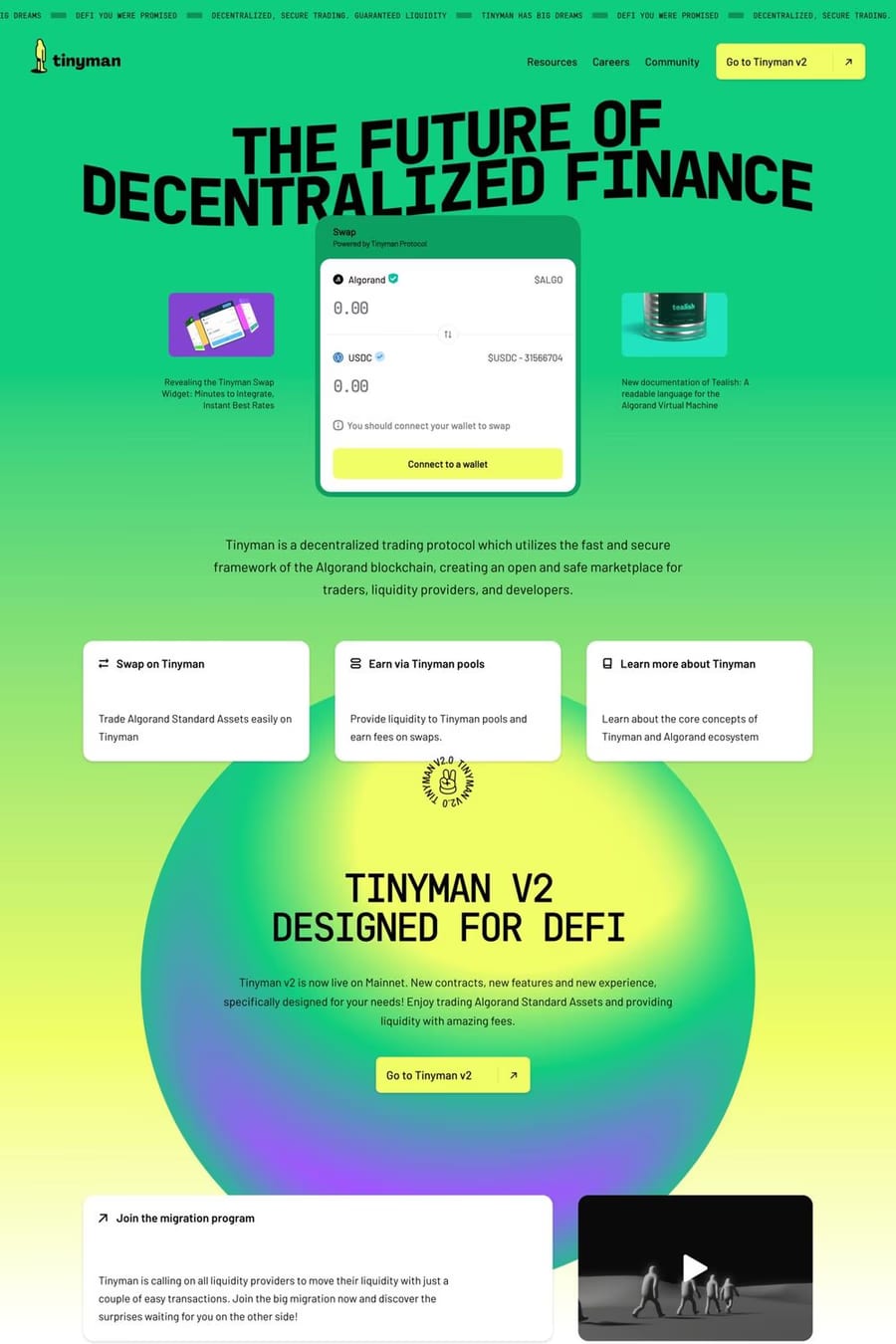 Tinyman — screenshot of a Web3 and crypto landing page in green and light green, with gradients and monospaced type