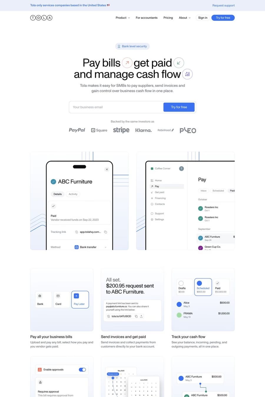 Tola — screenshot of a pastel finance landing page in white and light blue