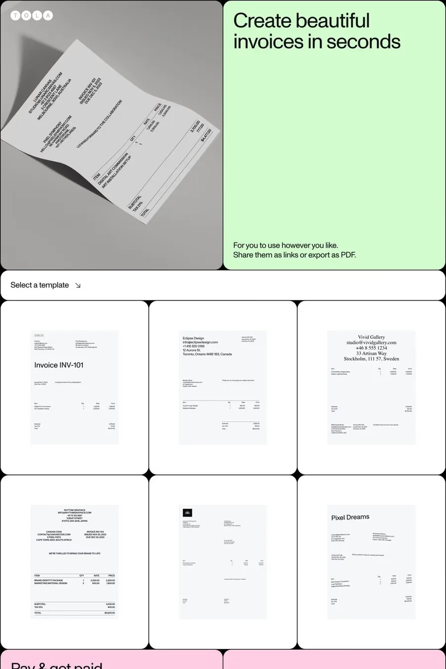 Tola Invoice — screenshot of a colourful, Scandinavian finance landing page in light purple and light green