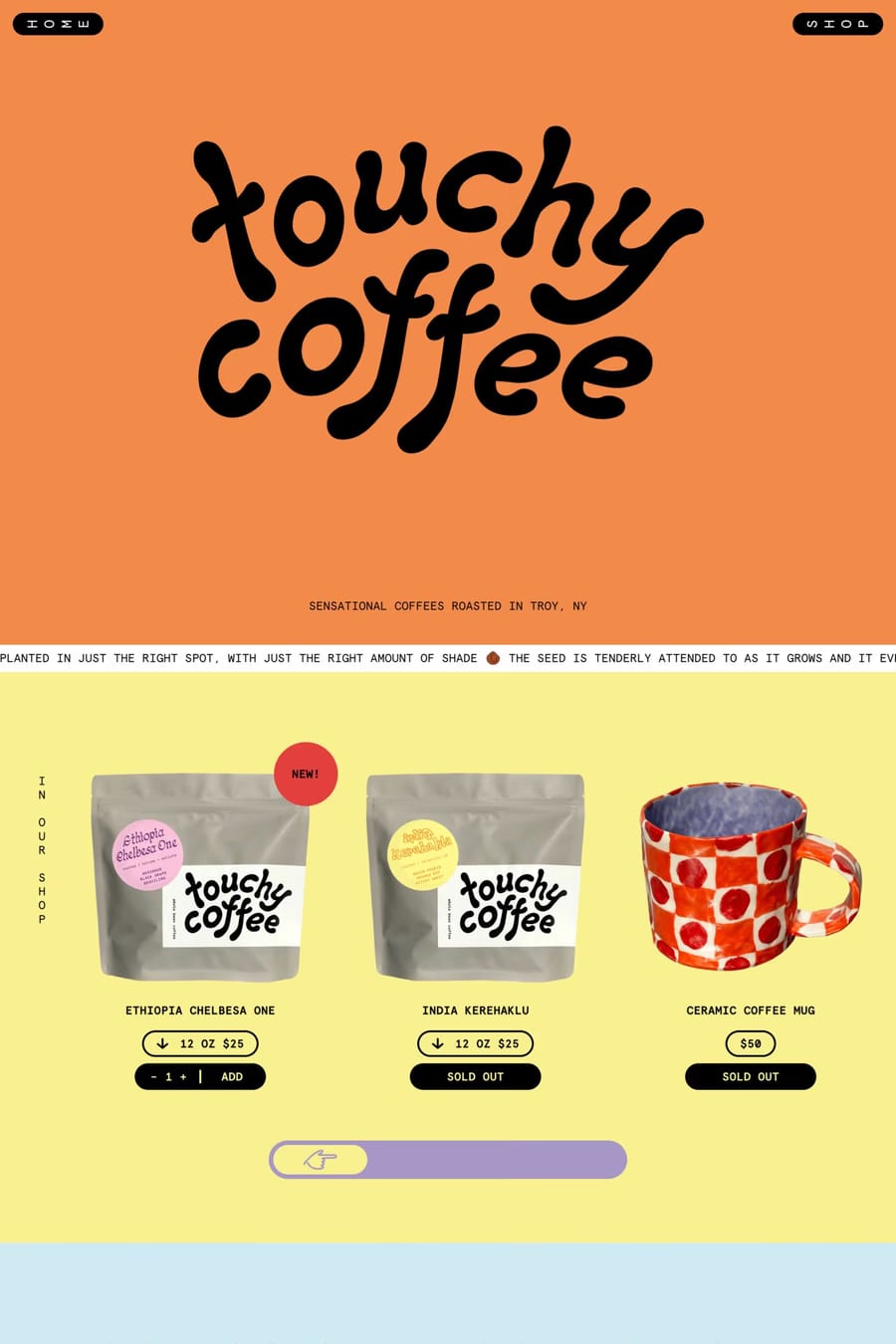 Touchy Coffee — screenshot of a colourful, fun food and drink online shop in orange and yellow
