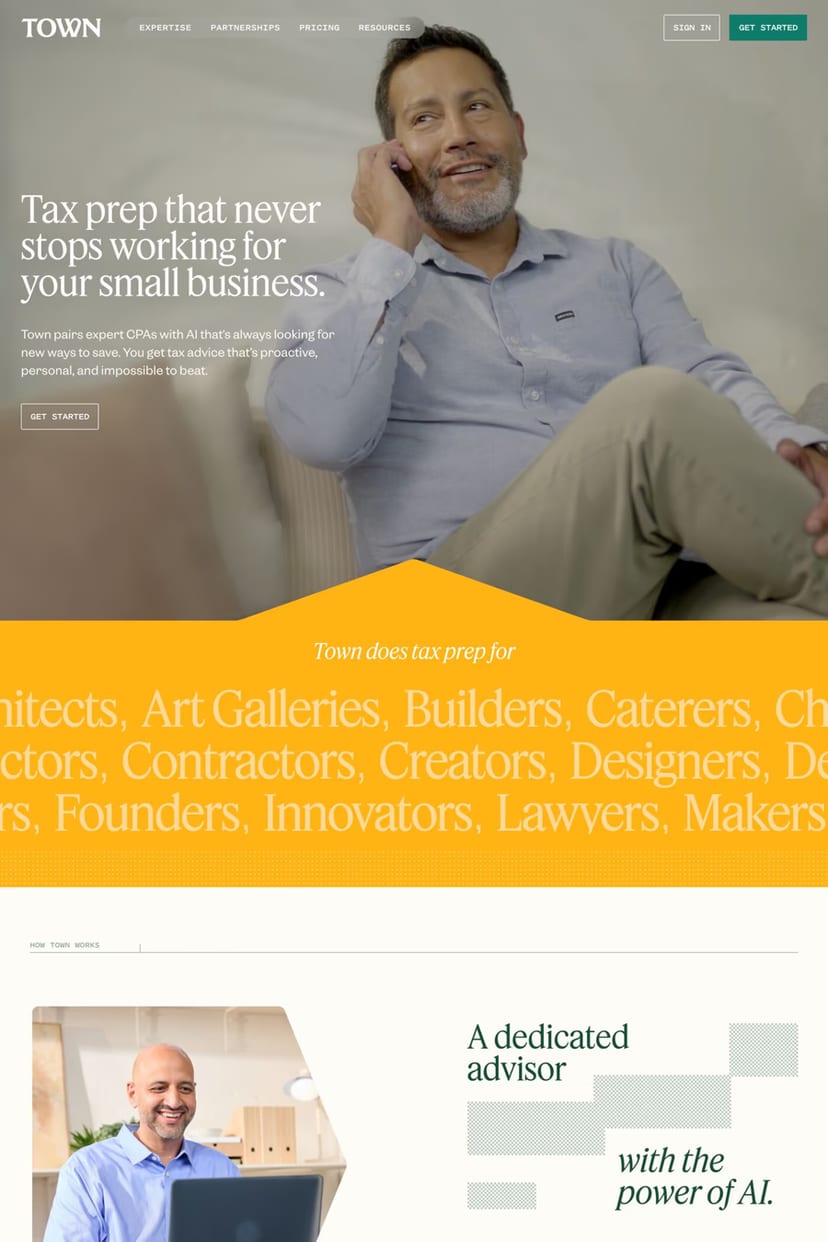 Town — screenshot of a landing page