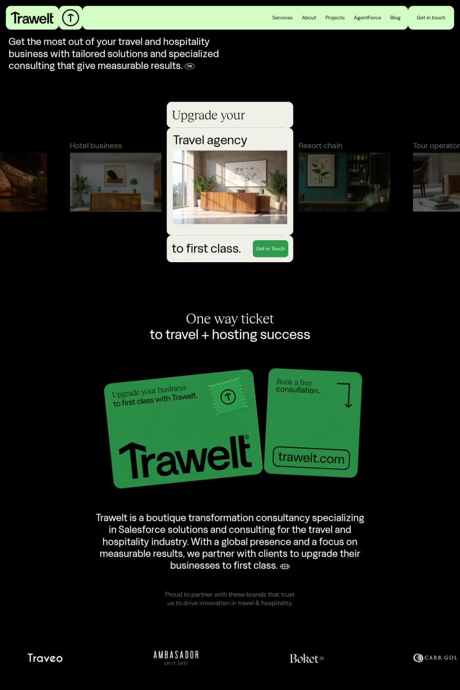 Trawelt — screenshot of a typographic travel landing page in light green and black