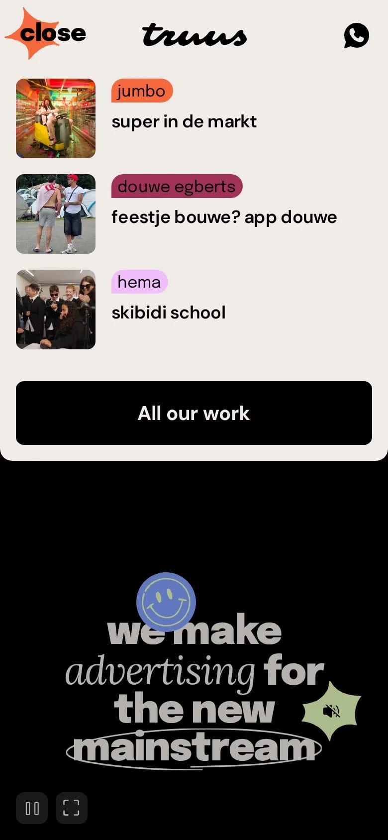 Truus — mobile screenshot of a fun, hand-drawn marketing agency site in beige and black
